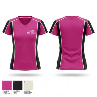 Womens Short Sleeve Vneck Shirt, Texas Bad Girls, Women's Basketball, Teamtime, Team time, sublimation, custom sports apparel, team uniforms, spirit wear, spiritwear, sports uniforms, custom shirts, team store, custom team store, fundraiser sports, apparel fundraiser