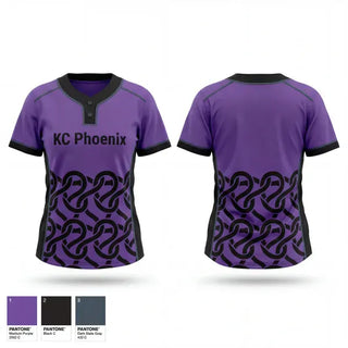 Two Button Softball Jersey, KC Phoenix, Softball, Teamtime, Team time, sublimation, custom sports apparel, team uniforms, spirit wear, spiritwear, sports uniforms, custom shirts, team store, custom team store, fundraiser sports, apparel fundraiser