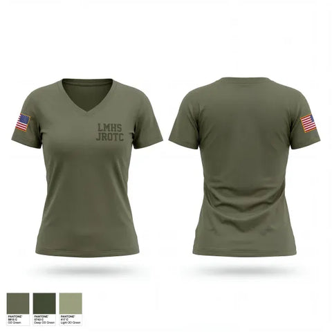 Womens Short Sleeve Vneck Shirt, LMHS JROTC, Army, Teamtime, Team time, sublimation, custom sports apparel, team uniforms, spirit wear, spiritwear, sports uniforms, custom shirts, team store, custom team store, fundraiser sports, apparel fundraiser