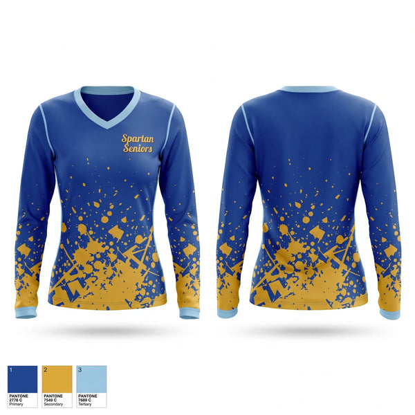 Womens Long Sleeve Vneck Shirt, Spartan Seniors, Cross Country, Teamtime, Team time, sublimation, custom sports apparel, team uniforms, spirit wear, spiritwear, sports uniforms, custom shirts, team store, custom team store, fundraiser sports, apparel fundraiser