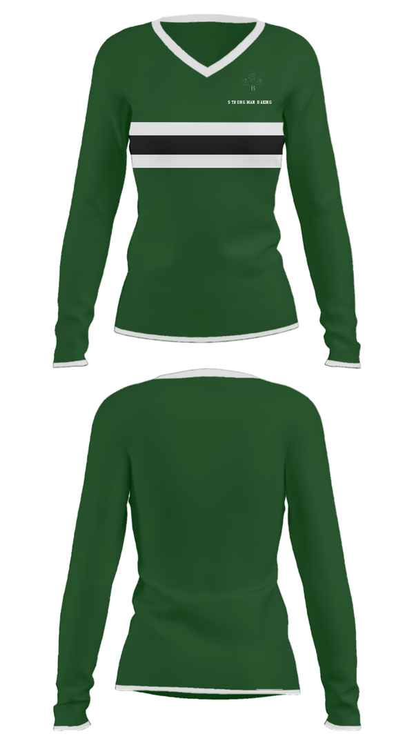 Women's Long Sleeve Vneck Shirt, Strongman Baking, , Teamtime, Team time, sublimation, custom sports apparel, team uniforms, spirit wear, spiritwear, sports uniforms, custom shirts, team store, custom team store, fundraiser sports, apparel fundraiser