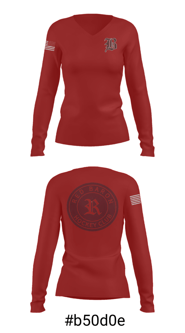 Women's Long Sleeve Vneck Shirt, Red Baron Hockey Club, Ice Hockey, Teamtime, Team time, sublimation, custom sports apparel, team uniforms, spirit wear, spiritwear, sports uniforms, custom shirts, team store, custom team store, fundraiser sports, apparel fundraiser