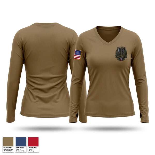 Womens Long Sleeve Vneck Shirt, Hatchet Company 3/82nd, Army, Teamtime, Team time, sublimation, custom sports apparel, team uniforms, spirit wear, spiritwear, sports uniforms, custom shirts, team store, custom team store, fundraiser sports, apparel fundraiser