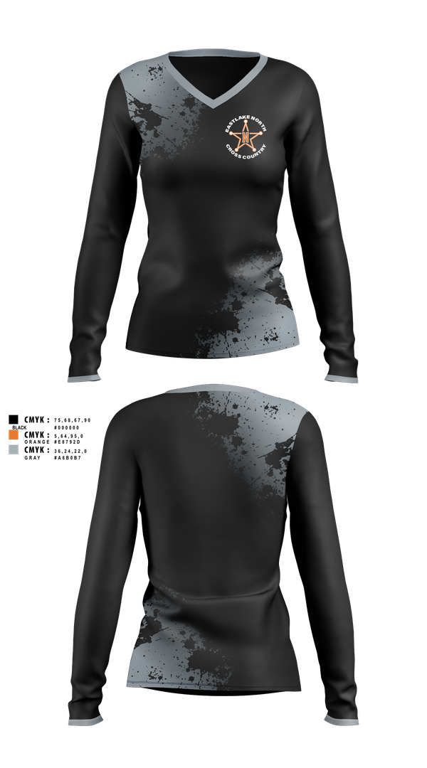 Womens Long Sleeve Vneck Shirt, Eastlake North Cross County, Cross Country, Teamtime, Team time, sublimation, custom sports apparel, team uniforms, spirit wear, spiritwear, sports uniforms, custom shirts, team store, custom team store, fundraiser sports, apparel fundraiser
