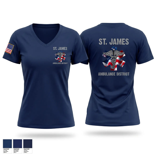 Womens Short Sleeve Vneck Shirt, St. James Ambulance District, EMS/EMT, Teamtime, Team time, sublimation, custom sports apparel, team uniforms, spirit wear, spiritwear, sports uniforms, custom shirts, team store, custom team store, fundraiser sports, apparel fundraiser