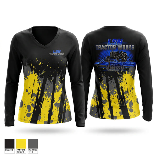 Womens Long Sleeve Vneck Shirt, LSN Tractor Works, Police, Teamtime, Team time, sublimation, custom sports apparel, team uniforms, spirit wear, spiritwear, sports uniforms, custom shirts, team store, custom team store, fundraiser sports, apparel fundraiser
