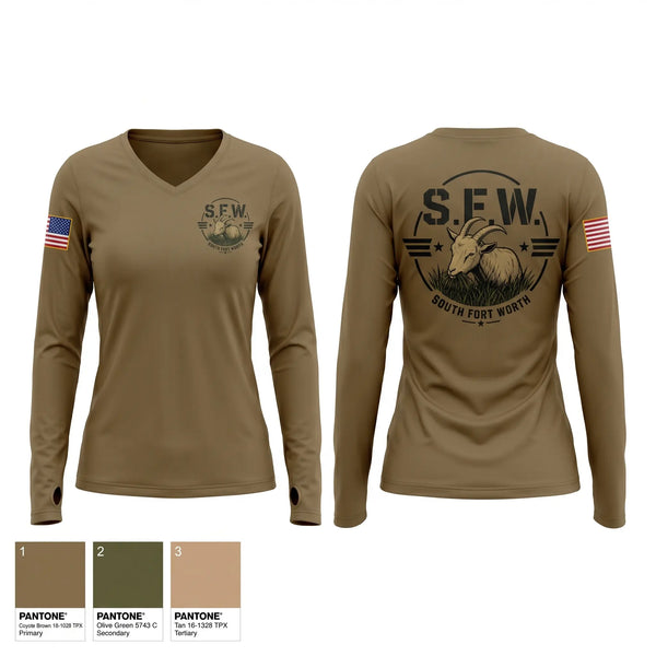 Womens Long Sleeve Vneck Shirt, S.F.W (4C2A), Army, Teamtime, Team time, sublimation, custom sports apparel, team uniforms, spirit wear, spiritwear, sports uniforms, custom shirts, team store, custom team store, fundraiser sports, apparel fundraiser