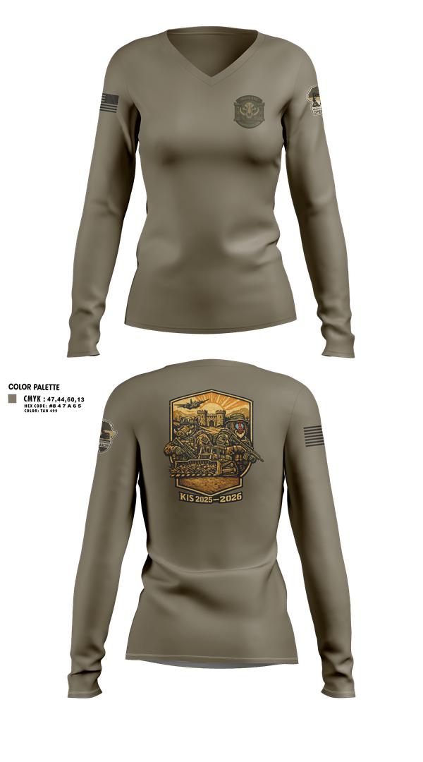Womens Long Sleeve Vneck Shirt, 180th ESC Kismayo, Army, Teamtime, Team time, sublimation, custom sports apparel, team uniforms, spirit wear, spiritwear, sports uniforms, custom shirts, team store, custom team store, fundraiser sports, apparel fundraiser