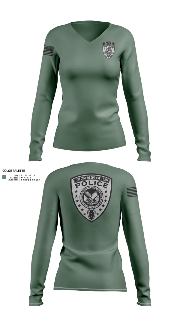Womens Long Sleeve Vneck Shirt, Veterans Affairs Police Special Response Team, Police, Teamtime, Team time, sublimation, custom sports apparel, team uniforms, spirit wear, spiritwear, sports uniforms, custom shirts, team store, custom team store, fundraiser sports, apparel fundraiser