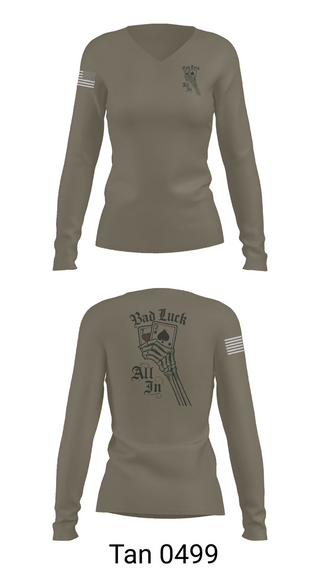 Womens Long Sleeve Vneck Shirt, 4th plt bad luck, Army, Teamtime, Team time, sublimation, custom sports apparel, team uniforms, spirit wear, spiritwear, sports uniforms, custom shirts, team store, custom team store, fundraiser sports, apparel fundraiser