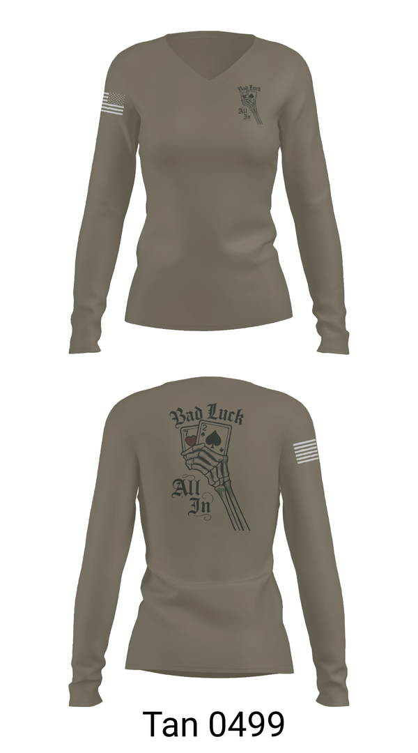 Womens Long Sleeve Vneck Shirt, 4th plt bad luck, Army, Teamtime, Team time, sublimation, custom sports apparel, team uniforms, spirit wear, spiritwear, sports uniforms, custom shirts, team store, custom team store, fundraiser sports, apparel fundraiser