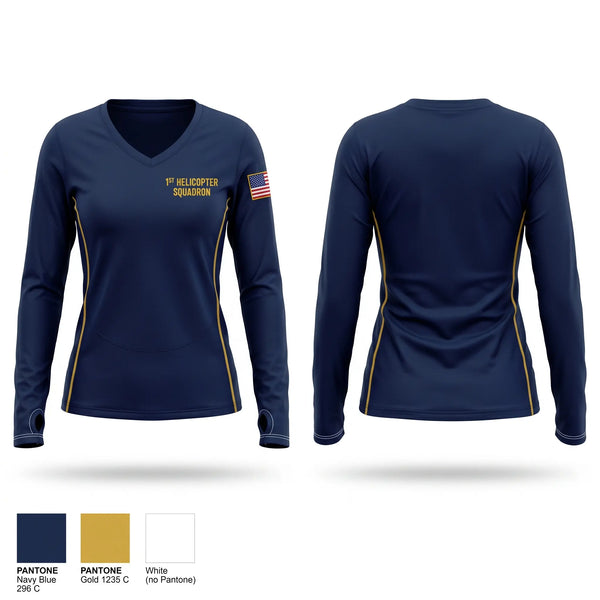 Womens Long Sleeve Vneck Shirt, 1st Helicopter Squadron, Air Force, Teamtime, Team time, sublimation, custom sports apparel, team uniforms, spirit wear, spiritwear, sports uniforms, custom shirts, team store, custom team store, fundraiser sports, apparel fundraiser