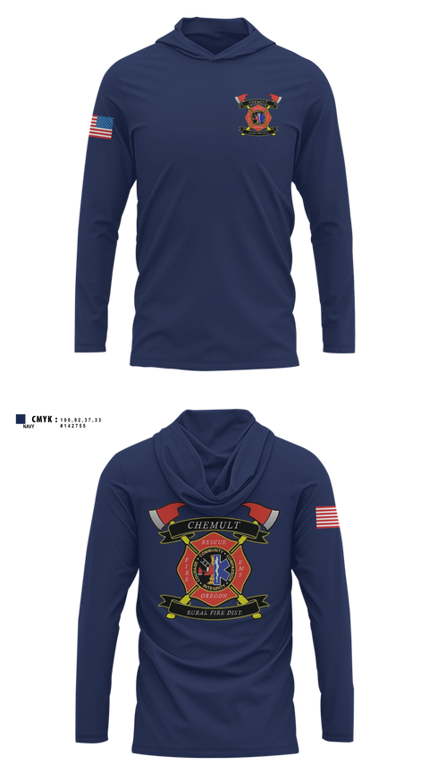 Long Sleeve hooded sunshirt, Chemult Rural Fire Protection District, Fire Department, Teamtime, Team time, sublimation, custom sports apparel, team uniforms, spirit wear, spiritwear, sports uniforms, custom shirts, team store, custom team store, fundraiser sports, apparel fundraiser