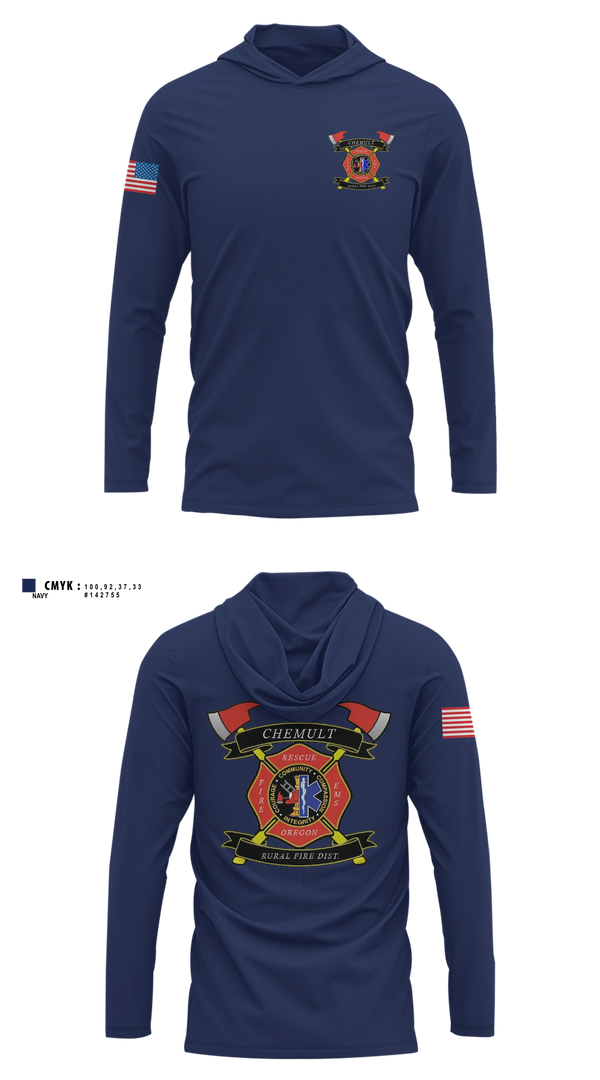 Long Sleeve hooded sunshirt, Chemult Rural Fire Protection District, Fire Department, Teamtime, Team time, sublimation, custom sports apparel, team uniforms, spirit wear, spiritwear, sports uniforms, custom shirts, team store, custom team store, fundraiser sports, apparel fundraiser