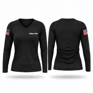 Womens Long Sleeve Vneck Shirt, Wilbar VFD, Fire Department, Teamtime, Team time, sublimation, custom sports apparel, team uniforms, spirit wear, spiritwear, sports uniforms, custom shirts, team store, custom team store, fundraiser sports, apparel fundraiser