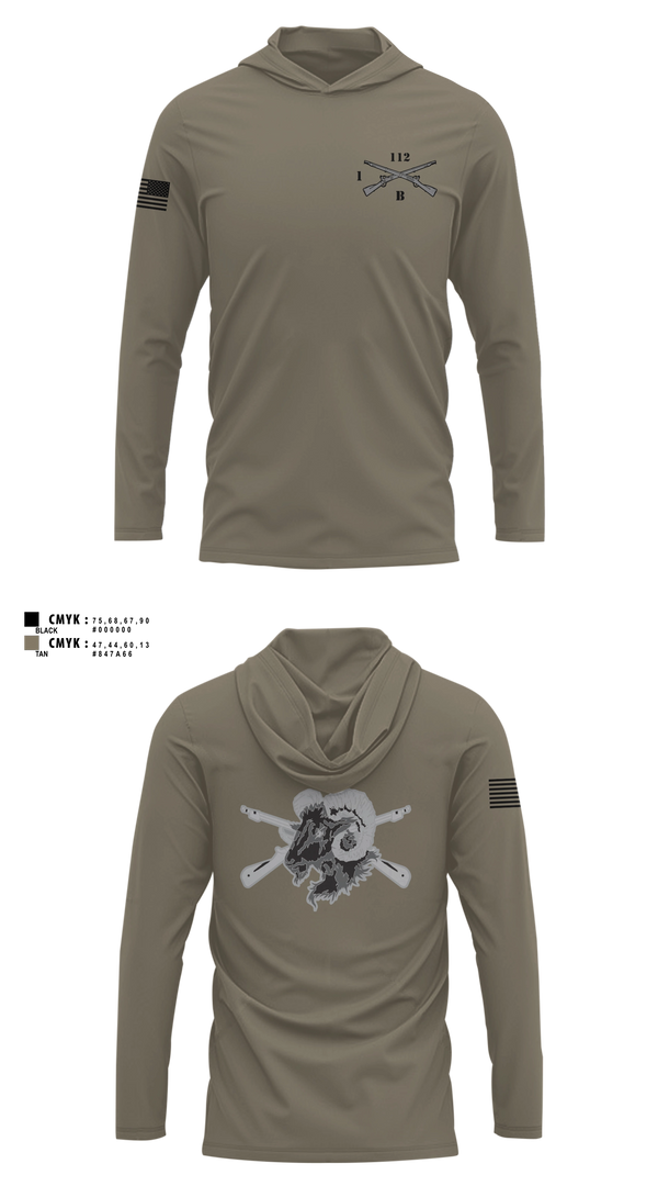 Long Sleeve hooded sunshirt, Blacksheep Company, 1-112th Infantry, Army, Teamtime, Team time, sublimation, custom sports apparel, team uniforms, spirit wear, spiritwear, sports uniforms, custom shirts, team store, custom team store, fundraiser sports, apparel fundraiser