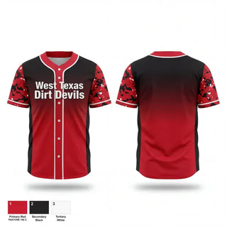 Full Button Baseball Jersey, West Texas Dirt Devils, Baseball, Teamtime, Team time, sublimation, custom sports apparel, team uniforms, spirit wear, spiritwear, sports uniforms, custom shirts, team store, custom team store, fundraiser sports, apparel fundraiser