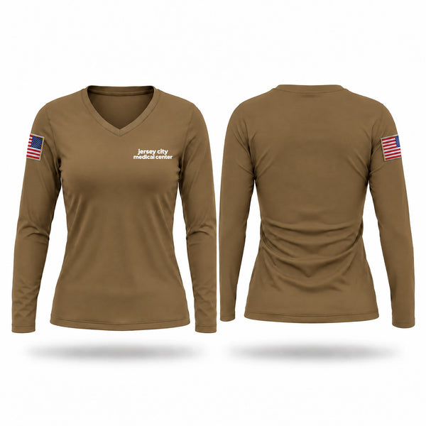 Womens Long Sleeve Vneck Shirt, jersey city medical center, EMS/EMT, Teamtime, Team time, sublimation, custom sports apparel, team uniforms, spirit wear, spiritwear, sports uniforms, custom shirts, team store, custom team store, fundraiser sports, apparel fundraiser