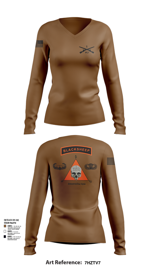 Womens Long Sleeve Vneck Shirt, 1st PLT B Co 1-173IN, , Teamtime, Team time, sublimation, custom sports apparel, team uniforms, spirit wear, spiritwear, sports uniforms, custom shirts, team store, custom team store, fundraiser sports, apparel fundraiser