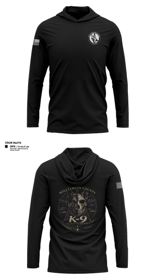 Long Sleeve Performance Shirt with hood, Williamson County K-9 Unit, Police, Teamtime, Team time, sublimation, custom sports apparel, team uniforms, spirit wear, spiritwear, sports uniforms, custom shirts, team store, custom team store, fundraiser sports, apparel fundraiser