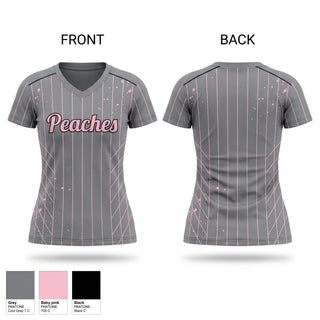 Womens Short Sleeve Vneck Shirt, Peaches, Softball, Teamtime, Team time, sublimation, custom sports apparel, team uniforms, spirit wear, spiritwear, sports uniforms, custom shirts, team store, custom team store, fundraiser sports, apparel fundraiser