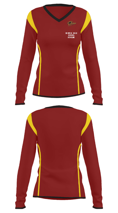 Women's Long Sleeve Vneck Shirt, Denver High School Bowling, Bowling, Teamtime, Team time, sublimation, custom sports apparel, team uniforms, spirit wear, spiritwear, sports uniforms, custom shirts, team store, custom team store, fundraiser sports, apparel fundraiser