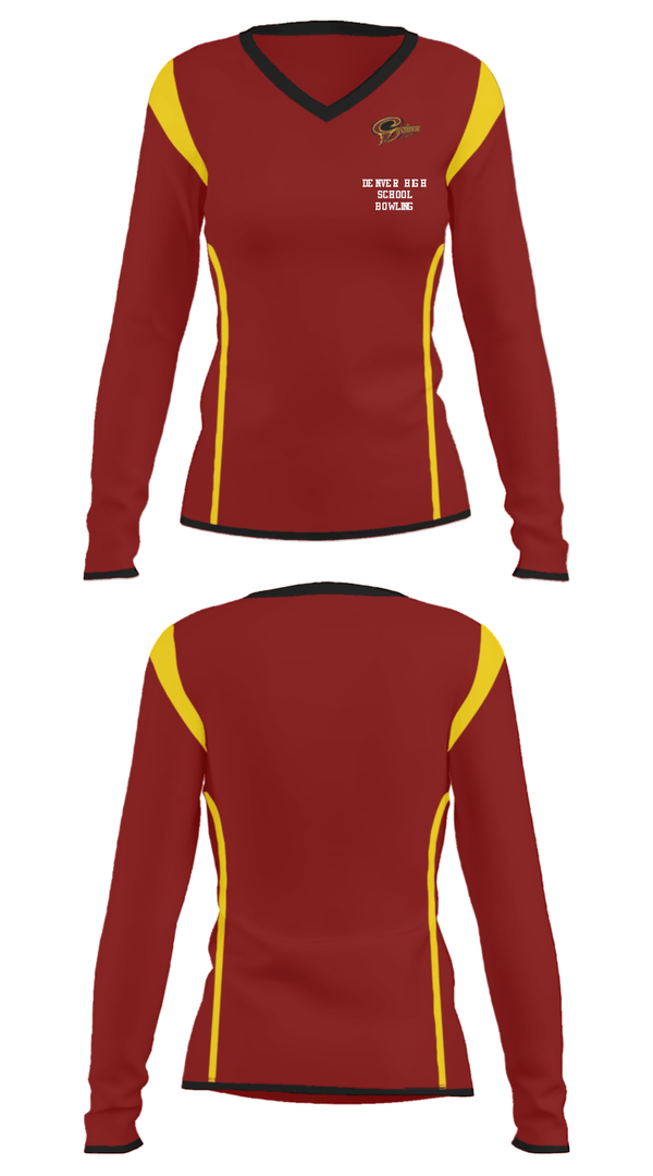 Women's Long Sleeve Vneck Shirt, Denver High School Bowling, Bowling, Teamtime, Team time, sublimation, custom sports apparel, team uniforms, spirit wear, spiritwear, sports uniforms, custom shirts, team store, custom team store, fundraiser sports, apparel fundraiser