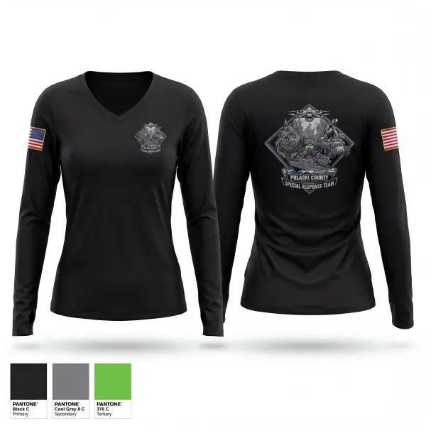 Womens Long Sleeve Vneck Shirt, Pulaski County SRT, Fire Department, Teamtime, Team time, sublimation, custom sports apparel, team uniforms, spirit wear, spiritwear, sports uniforms, custom shirts, team store, custom team store, fundraiser sports, apparel fundraiser