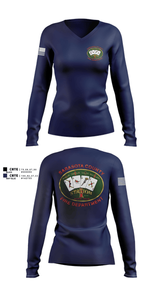 Womens Long Sleeve Vneck Shirt, Sarasota county fire dept sta 1, Fire Department, Teamtime, Team time, sublimation, custom sports apparel, team uniforms, spirit wear, spiritwear, sports uniforms, custom shirts, team store, custom team store, fundraiser sports, apparel fundraiser