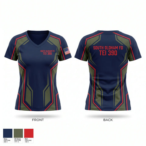 Womens Short Sleeve Vneck Shirt, South Oldham FD TEI 390, Fire Department, Teamtime, Team time, sublimation, custom sports apparel, team uniforms, spirit wear, spiritwear, sports uniforms, custom shirts, team store, custom team store, fundraiser sports, apparel fundraiser