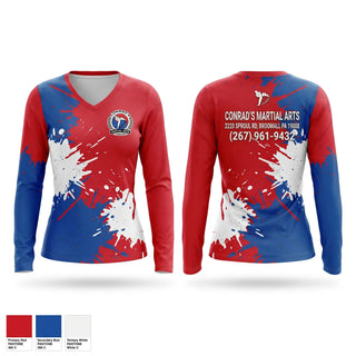 Womens Long Sleeve Vneck Shirt, Conrad’s Martial Arts Center, Spirit Store, Teamtime, Team time, sublimation, custom sports apparel, team uniforms, spirit wear, spiritwear, sports uniforms, custom shirts, team store, custom team store, fundraiser sports, apparel fundraiser
