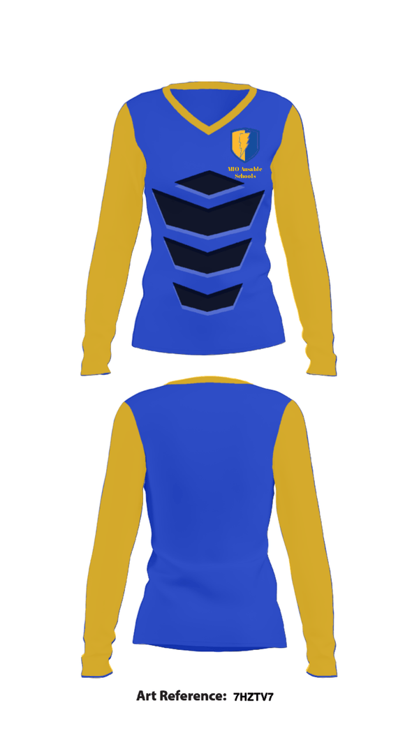 Women's Long Sleeve Vneck Shirt, MIO Ausable schools, Spirit Store, Teamtime, Team time, sublimation, custom sports apparel, team uniforms, spirit wear, spiritwear, sports uniforms, custom shirts, team store, custom team store, fundraiser sports, apparel fundraiser