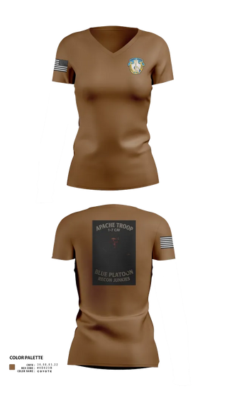 Womens Short Sleeve Vneck Shirt, 1-7 Cavlary Division Apache Troop Blue Platoon Recon Junkies, Army, Teamtime, Team time, sublimation, custom sports apparel, team uniforms, spirit wear, spiritwear, sports uniforms, custom shirts, team store, custom team store, fundraiser sports, apparel fundraiser