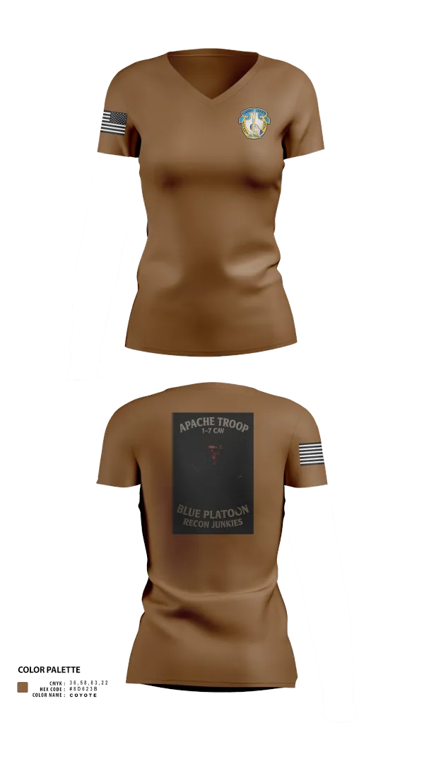 Womens Short Sleeve Vneck Shirt, 1-7 Cavlary Division Apache Troop Blue Platoon Recon Junkies, Army, Teamtime, Team time, sublimation, custom sports apparel, team uniforms, spirit wear, spiritwear, sports uniforms, custom shirts, team store, custom team store, fundraiser sports, apparel fundraiser