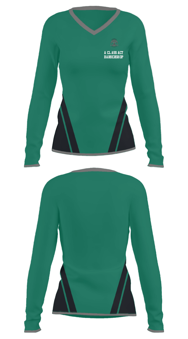Women's Long Sleeve Vneck Shirt, A class act barbershop, , Teamtime, Team time, sublimation, custom sports apparel, team uniforms, spirit wear, spiritwear, sports uniforms, custom shirts, team store, custom team store, fundraiser sports, apparel fundraiser