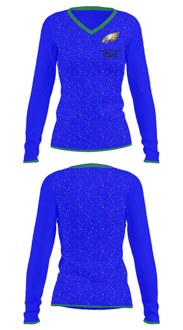 Women's Long Sleeve Vneck Shirt, West Babylon High School Gymnastics, Spirit Store, Teamtime, Team time, sublimation, custom sports apparel, team uniforms, spirit wear, spiritwear, sports uniforms, custom shirts, team store, custom team store, fundraiser sports, apparel fundraiser