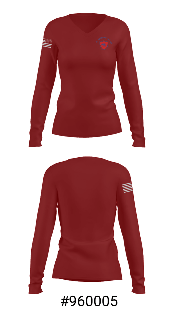 Women's Long Sleeve Vneck Shirt, St Anthony Catholic School, Spirit Store, Teamtime, Team time, sublimation, custom sports apparel, team uniforms, spirit wear, spiritwear, sports uniforms, custom shirts, team store, custom team store, fundraiser sports, apparel fundraiser