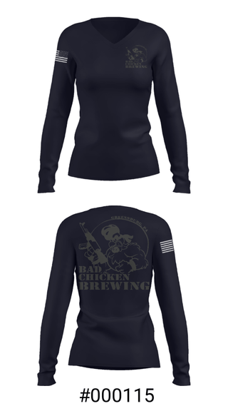 Women's Long Sleeve Vneck Shirt, Bad Chicken Brewing, Army, Teamtime, Team time, sublimation, custom sports apparel, team uniforms, spirit wear, spiritwear, sports uniforms, custom shirts, team store, custom team store, fundraiser sports, apparel fundraiser