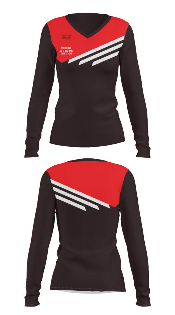 Women's Long Sleeve Vneck Shirt, Red Line Mobile Axe Throwing, , Teamtime, Team time, sublimation, custom sports apparel, team uniforms, spirit wear, spiritwear, sports uniforms, custom shirts, team store, custom team store, fundraiser sports, apparel fundraiser