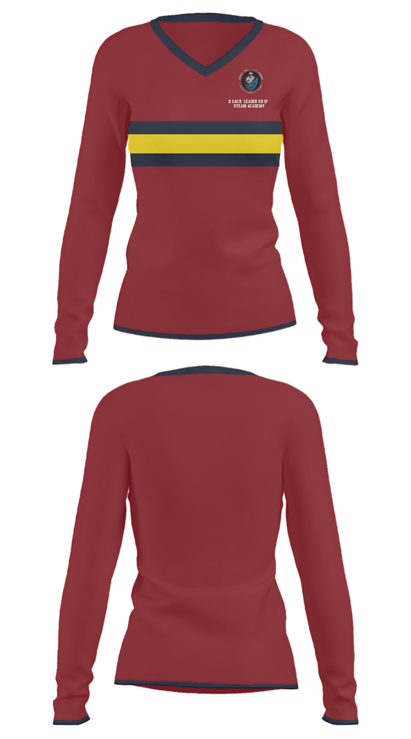 Women's Long Sleeve Vneck Shirt, Reach Leadership Steam Academy, Spirit Store, Teamtime, Team time, sublimation, custom sports apparel, team uniforms, spirit wear, spiritwear, sports uniforms, custom shirts, team store, custom team store, fundraiser sports, apparel fundraiser