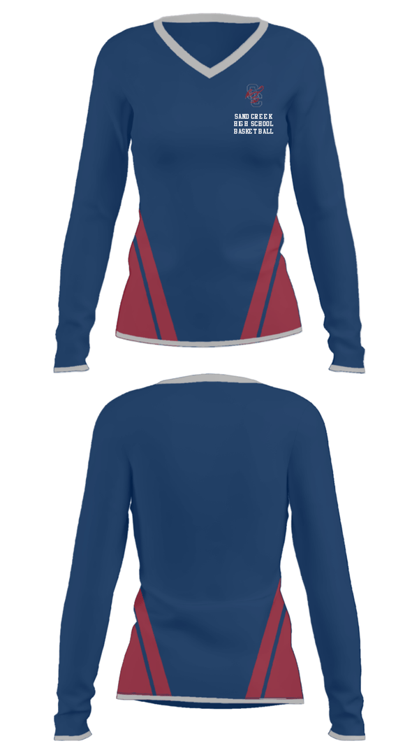 Women's Long Sleeve Vneck Shirt, Sand Creek High School Basketball, Men's Basketball, Teamtime, Team time, sublimation, custom sports apparel, team uniforms, spirit wear, spiritwear, sports uniforms, custom shirts, team store, custom team store, fundraiser sports, apparel fundraiser