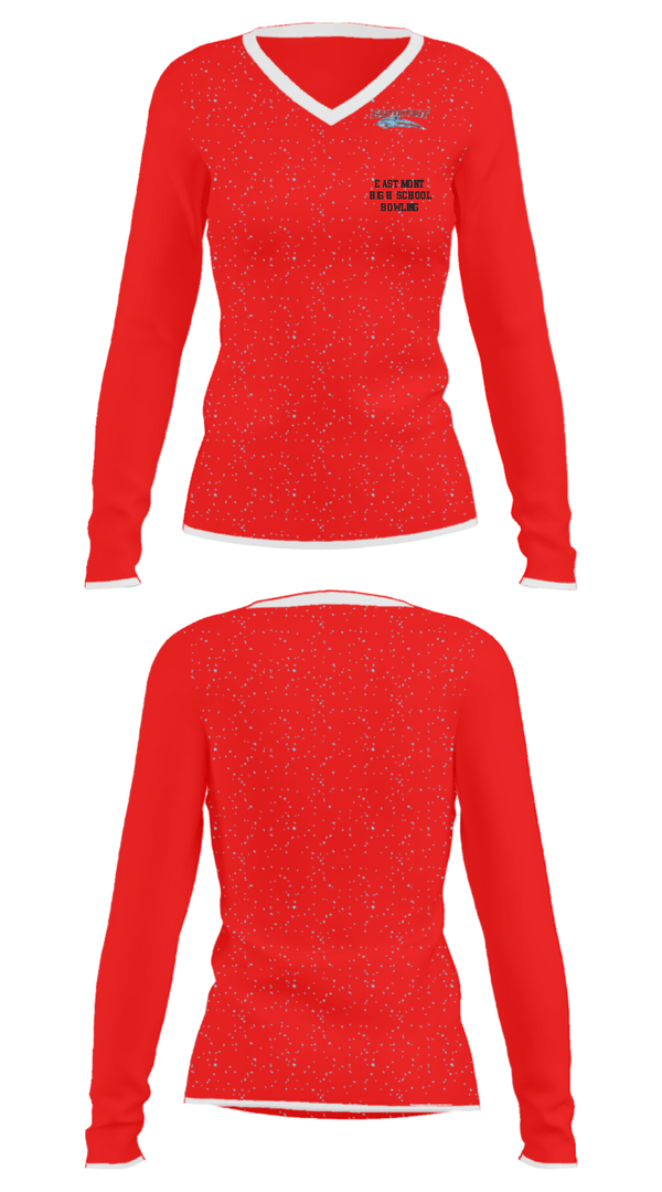 Women's Long Sleeve Vneck Shirt, Eastmont High School Bowling, Bowling, Teamtime, Team time, sublimation, custom sports apparel, team uniforms, spirit wear, spiritwear, sports uniforms, custom shirts, team store, custom team store, fundraiser sports, apparel fundraiser