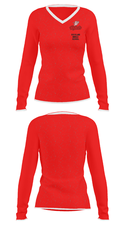 Women's Long Sleeve Vneck Shirt, Highland Middle School, Spirit Store, Teamtime, Team time, sublimation, custom sports apparel, team uniforms, spirit wear, spiritwear, sports uniforms, custom shirts, team store, custom team store, fundraiser sports, apparel fundraiser