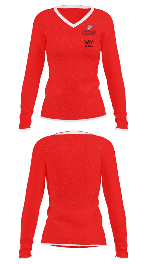Women's Long Sleeve Vneck Shirt, Highland Middle School, Spirit Store, Teamtime, Team time, sublimation, custom sports apparel, team uniforms, spirit wear, spiritwear, sports uniforms, custom shirts, team store, custom team store, fundraiser sports, apparel fundraiser
