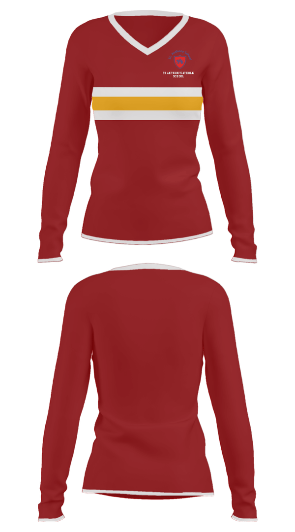 Women's Long Sleeve Vneck Shirt, St Anthony Catholic School, Spirit Store, Teamtime, Team time, sublimation, custom sports apparel, team uniforms, spirit wear, spiritwear, sports uniforms, custom shirts, team store, custom team store, fundraiser sports, apparel fundraiser