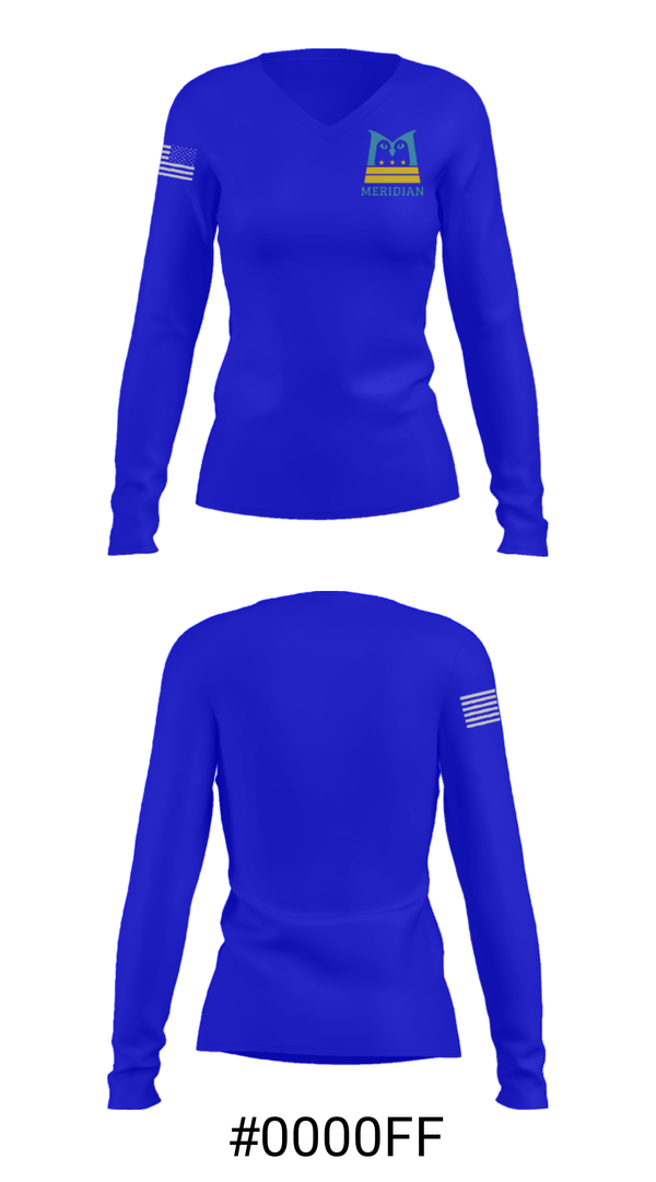Women's Long Sleeve Vneck Shirt, Meridian Public Charter School, Spirit Store, Teamtime, Team time, sublimation, custom sports apparel, team uniforms, spirit wear, spiritwear, sports uniforms, custom shirts, team store, custom team store, fundraiser sports, apparel fundraiser
