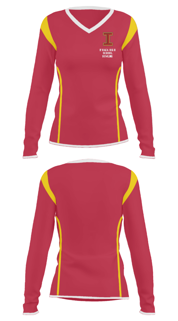 Women's Long Sleeve Vneck Shirt, Ithaca High School Bowling, Bowling, Teamtime, Team time, sublimation, custom sports apparel, team uniforms, spirit wear, spiritwear, sports uniforms, custom shirts, team store, custom team store, fundraiser sports, apparel fundraiser