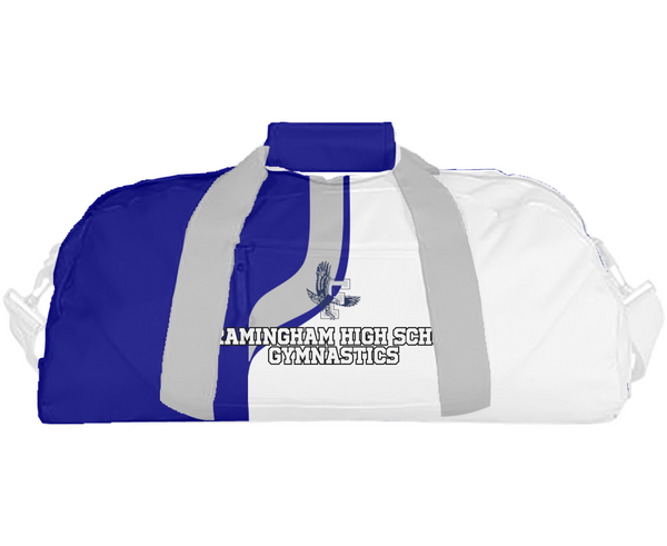 Duffle Bag, Framingham High School Gymnastics, Spirit Store, Teamtime, Team time, sublimation, custom sports apparel, team uniforms, spirit wear, spiritwear, sports uniforms, custom shirts, team store, custom team store, fundraiser sports, apparel fundraiser