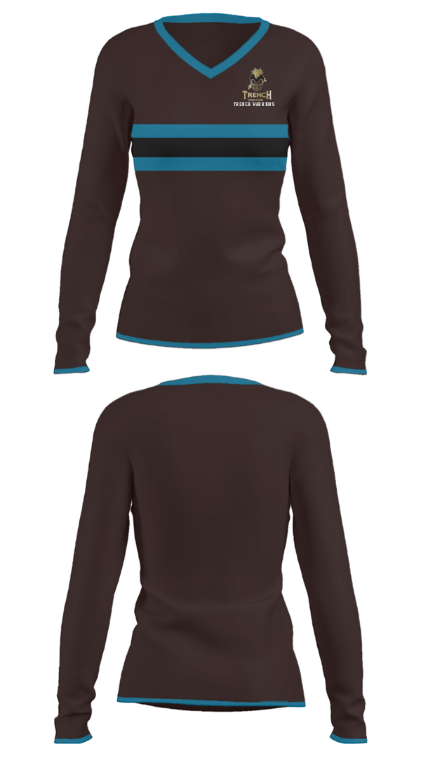 Women's Long Sleeve Vneck Shirt, TRENCH WARRIORS, Football, Teamtime, Team time, sublimation, custom sports apparel, team uniforms, spirit wear, spiritwear, sports uniforms, custom shirts, team store, custom team store, fundraiser sports, apparel fundraiser