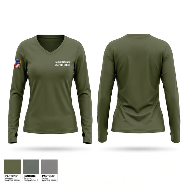 Womens Long Sleeve Vneck Shirt, Comal County Sheriff’s Office, Police, Teamtime, Team time, sublimation, custom sports apparel, team uniforms, spirit wear, spiritwear, sports uniforms, custom shirts, team store, custom team store, fundraiser sports, apparel fundraiser